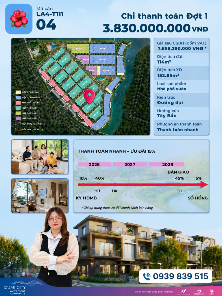 Bán nhà vườn Izumi City, ven sông Đồng Nai, pháp lý chuẩn, chiết khấu lên đến 21%, chỉ 7,6 tỷ sở hữu