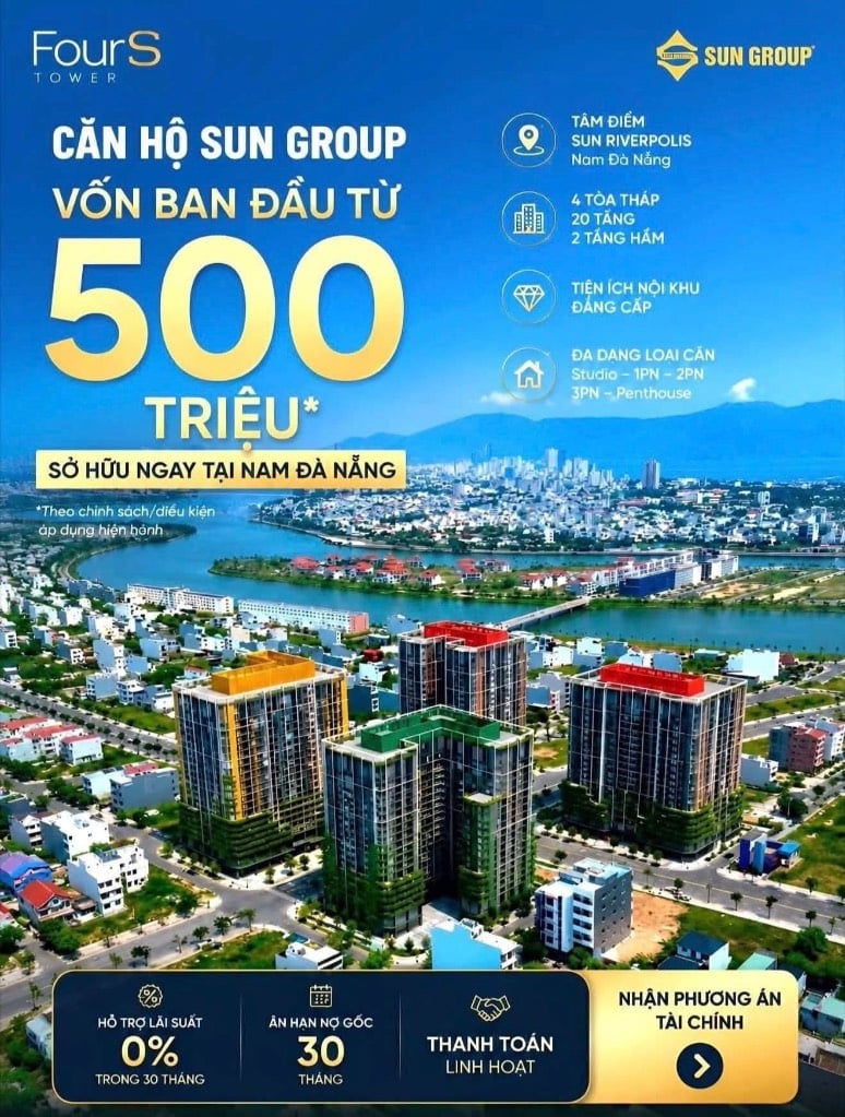 BÁN CĂN HỘ SUN FOUR S TOWER, VỐN 500 TRIỆU HỘ KHẨU ĐÀ NẴNG, THANH TOÁN GIÃN 48 THÁNG, HỖ TRỢ VAY