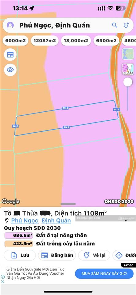 Cách quốc lộ 20 chỉ 300m lô đất biệt thự vườn 1109m2 (14mx75m) có sẵn 100m2 thổ cư chỉ 1,35 tỷ