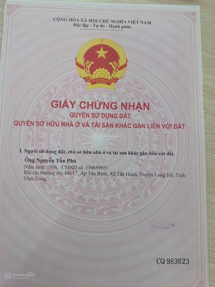 Bán gấp đất giá siêu hot ngay mặt tiền quốc lộ 1a, xã phú thịnh, h. tam bình, t. vĩnh long
