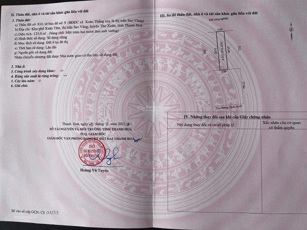 Bán đất quốc lộ 47, cổng chính kcn lam sơn sao vàng, giá 2,6 tỷ