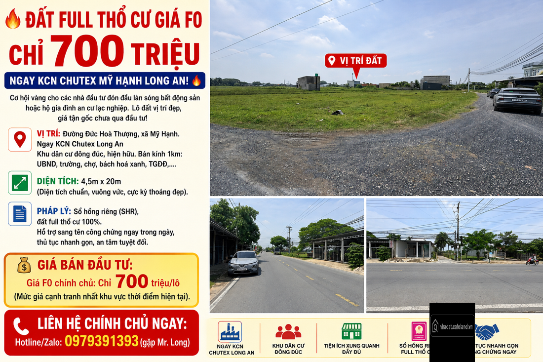 ĐẤT FULL THỔ CƯ GIÁ F0 CHỈ 700 TRIỆU NGAY KCN CHUTEX MỸ HẠNH LONG AN
