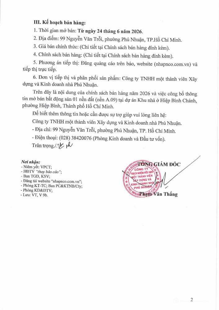 Thông báo về việc mở bán bất động sản - đất nền A.09, P. Hiệp Bình, TP.HCM