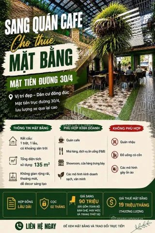 Cho thuê mặt bằng: SANG QUÁN CAFE / CHO THUÊ MẶT BẰNG KINH DOANH MẶT TIỀN 30/4