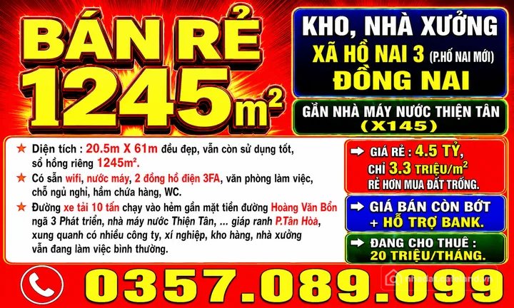 Bán kho, nhà xưởng: 1245m2 BÁN KHO, NHÀ XƯỞNG XÃ HỐ NAI 3 (P.HỐ NAI MỚI) ĐỒNG NA