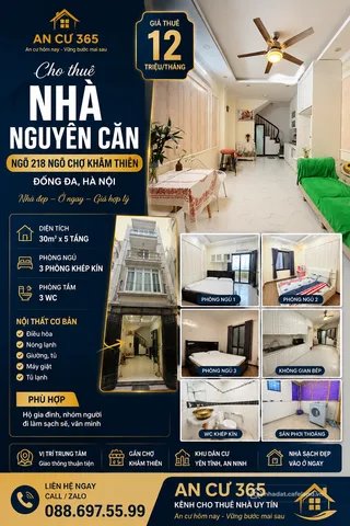 Cho thuê nhà riêng: NHÀ NGUYÊN CĂN 5 TẦNG – 3 PHÒNG NGỦ KHÉP KÍN | NGÕ 218 KHÂM