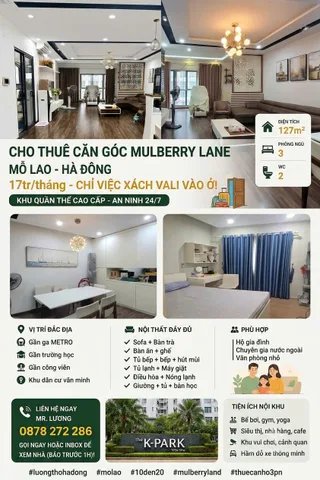 Cho thuê căn hộ chung cư: Sống đẳng cấp tại Mulberry Lane Mỗ Lao - 127m² 3PN Ful