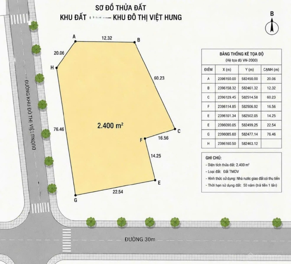 BÁN QUỸ ĐẤT 2.400M2 - HỖN HỢP XÂY CHUNG CƯ, VĂN PHÒNG TẠI KĐT VIỆT HƯNG - 130 TỶ