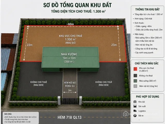 Cho thuê mặt bằng: Cho thuê Mặt Bằng 1300m Hẻm Xe Tải Quốc Lộ 13 Hiệp Bình Phước