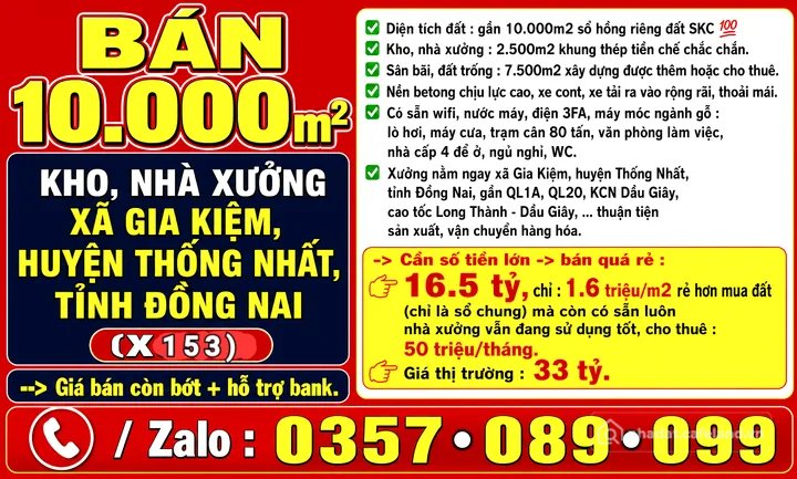 Bán kho, nhà xưởng: 10000m2 BÁN RẺ KHO, NHÀ XƯỞNG XÃ GIA KIỆM, HUYỆN THỐNG NHẤT,