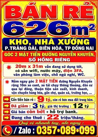 Bán kho, nhà xưởng: 626m2 BÁN RẺ KHO, NHÀ XƯỞNG TRẢNG DÀI, BIÊN HÒA, TP ĐỒNG NAI