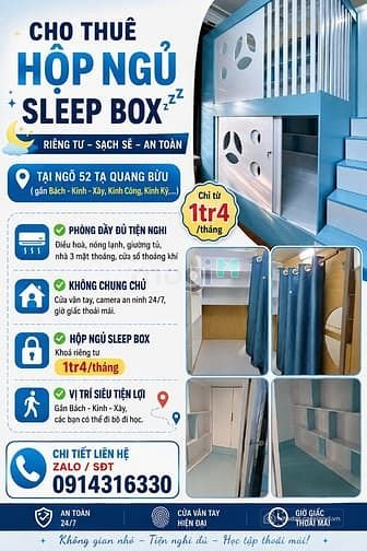 Phòng trọ: Cho thuê hộp ngủ sleep box tại ngõ 52 Tạ Quang Bửu (Bách - Kinh -Xây)