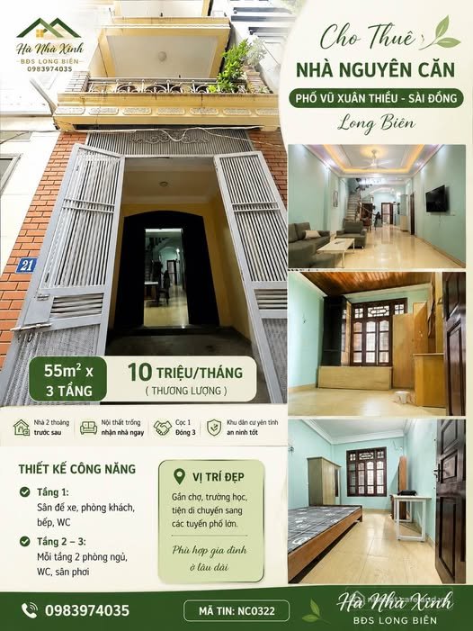 Nhà riêng: Cho thuê nhà nguyên căn 3 tầng tại Vũ Xuân Thiều, Sài Đồng