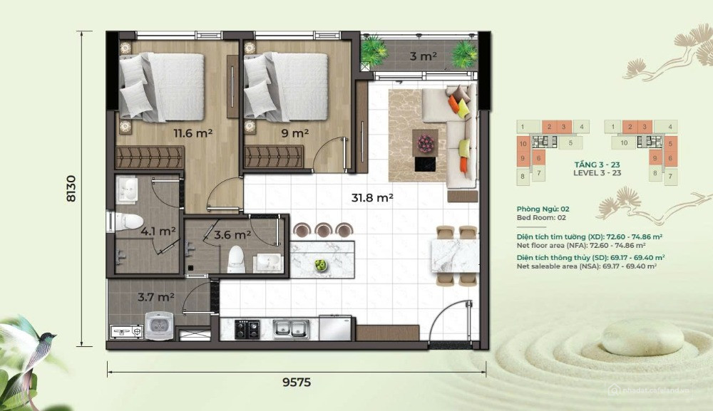 Bán căn 2PN View Hồ Bơi - Diện tích 74m2 - Giá 5.36 tỷ