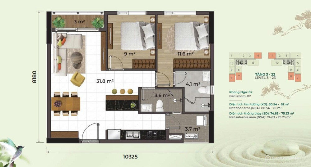 Bán căn góc 2PN 80m2 - không chung tường - Giá 5.45 Tỷ