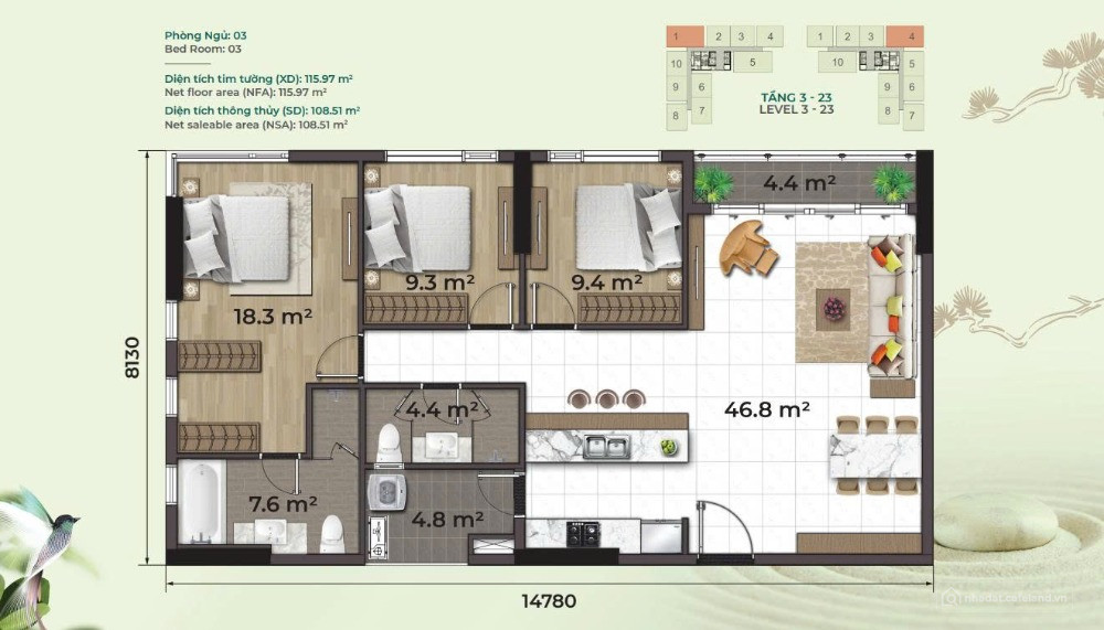Essensia Sky 03PN 116m2 - Giá 9.2 Tỷ - Ban công View Phú Mỹ Hưng