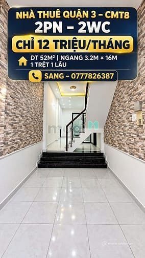 Nhà riêng: Nhà Thuê Quận 3 - Cách Mạng Tháng Tám - 52M - 2PN - 12 Triệu