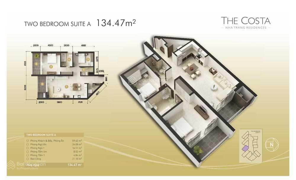 Cđt bán căn hộ 2 phòng ngủ 135m2 the costa nha trang, view biển, full nội thất, giá 15 tỷ đồng