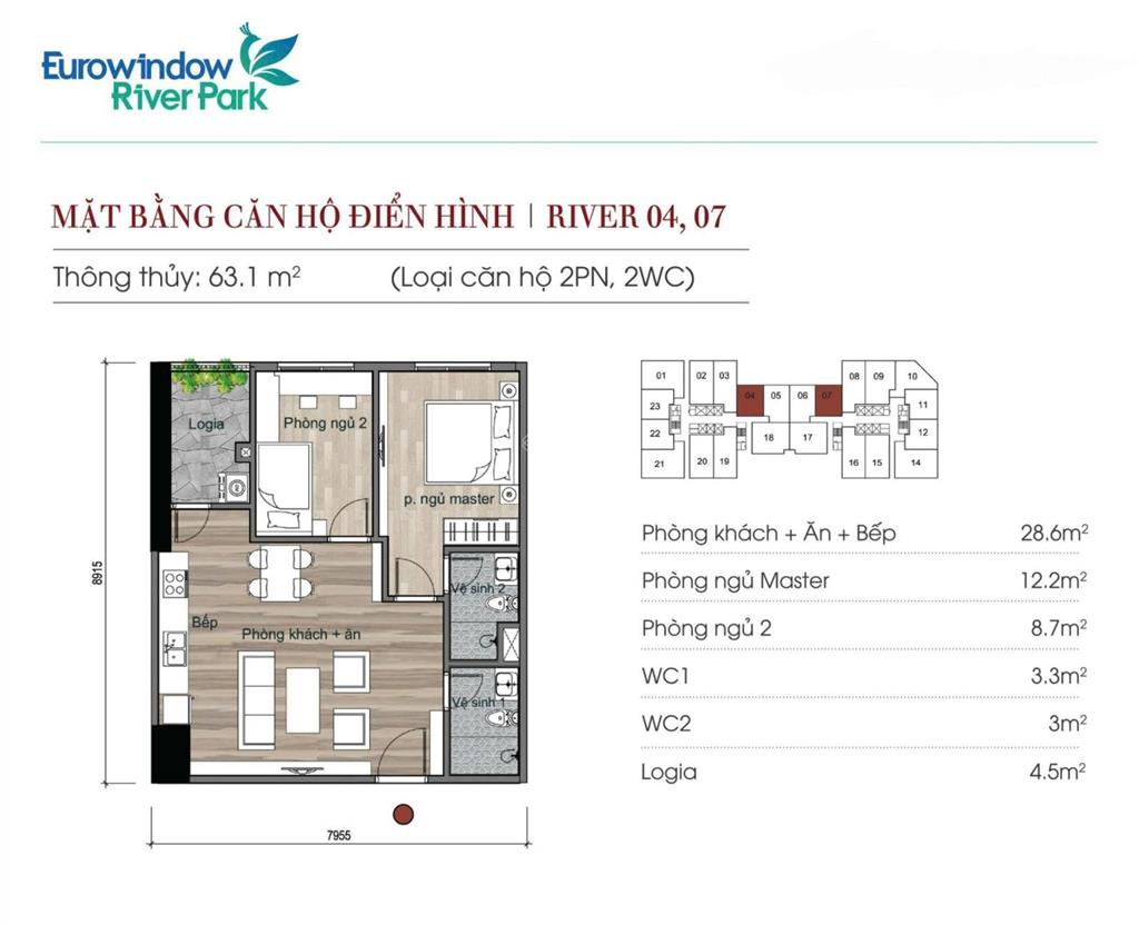 Bán chcc eurowindow river park 63m2, 2pn, 2wc, full nội thất. 0985 575 ***