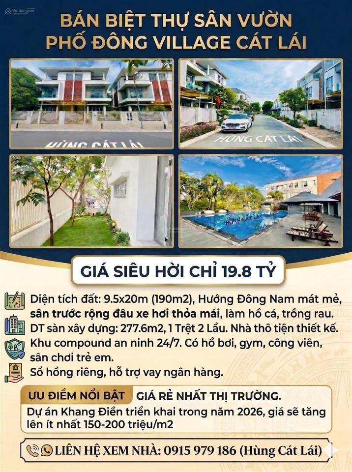 Bán biệt thự song lập phố đông village cát lái dt 190m2 1 trệt 2 lầu nhà thô shr 19,3 tỷ