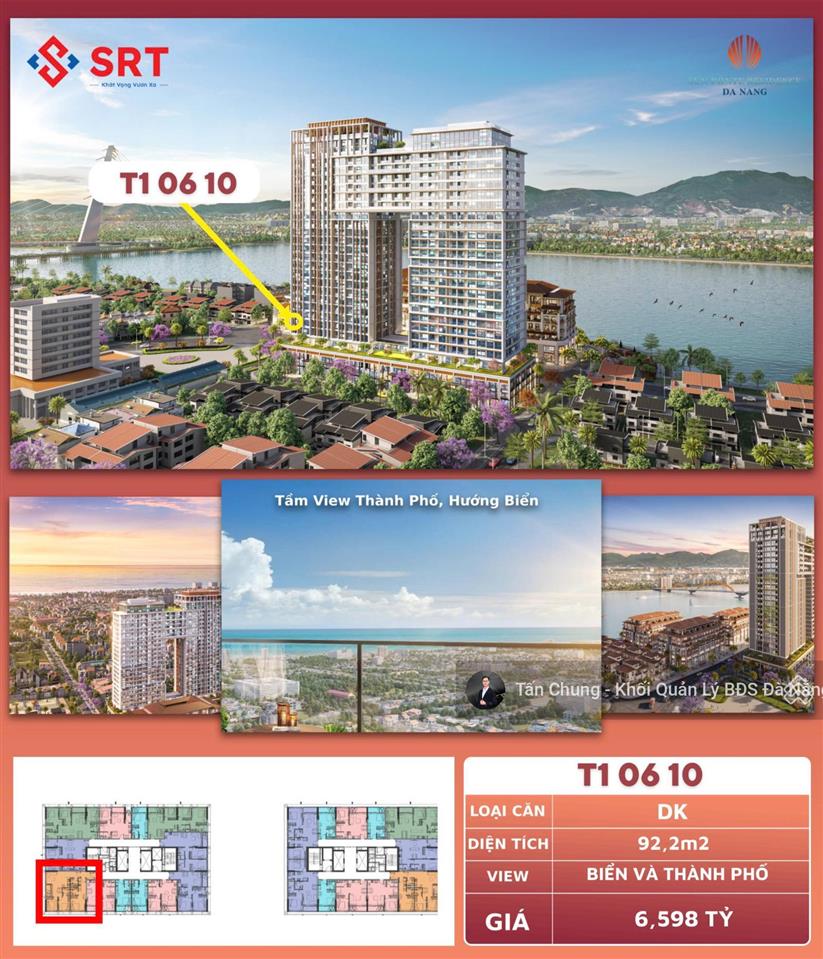 Căn hộ dual key 3 phòng ngủ tầng 6 diện tích 92.2m2 view biển mỹ khê và thành phố giá 7,3 tỷ