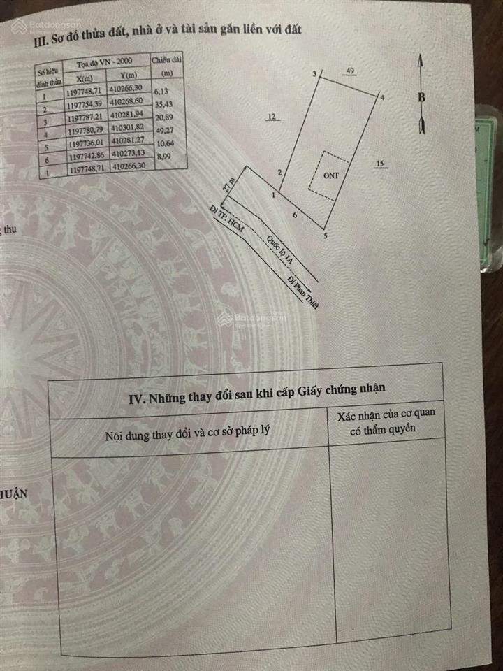 Bán đất thổ cư quốc lộ 1a hàm tân bình thuận
