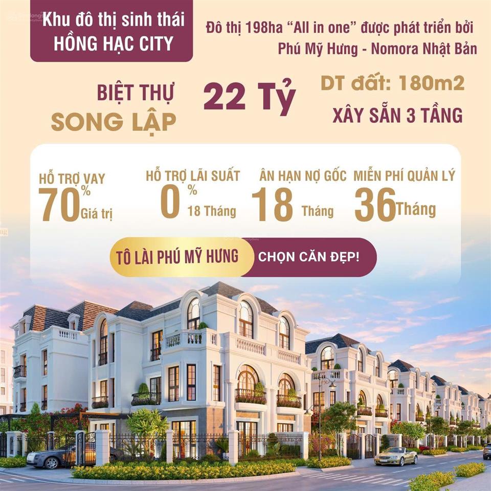 Mở bán biệt thự song lập vị trí đẹp tại dự án hồng hạc city phú mỹ hưng. thanh toán trước 4 tỷ