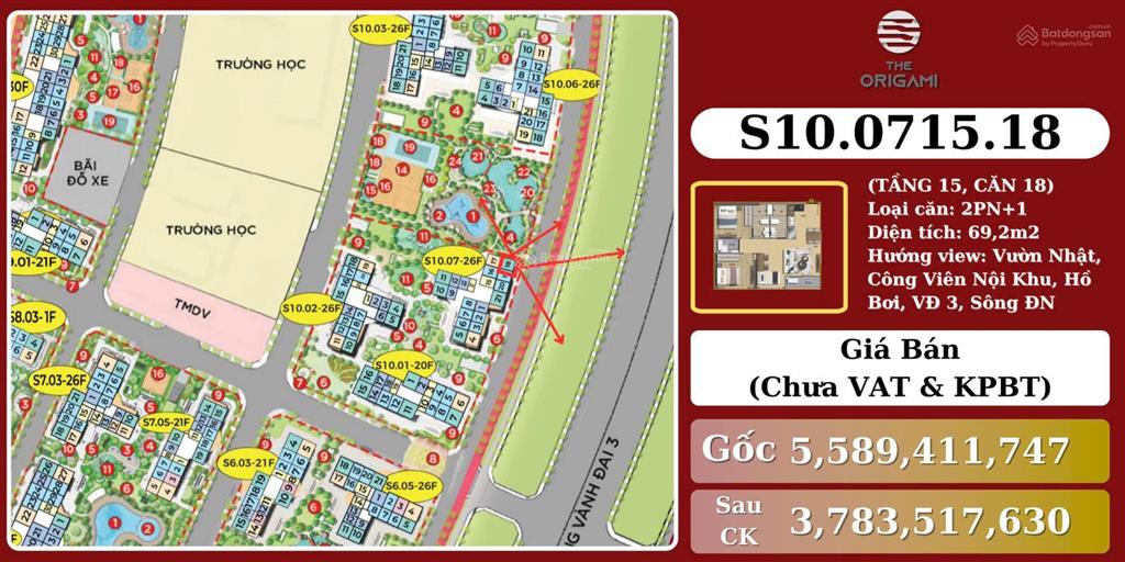 Tin thật 100%! chiết khấu 1,806 tỷ ch 2pn+1 the origami vinhomes cho gia đình, giá chỉ 3,783 tỷ