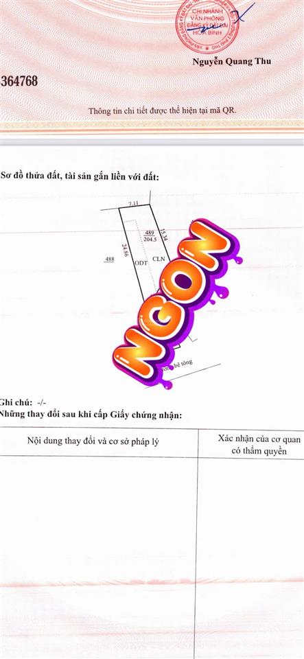 Chính chủ bán gấp đất quỳnh lâm tp hoà bình dt 204m2 mt 6m cách ql6 100m ôtô tải qua đất nhỉnh 1 tỷ
