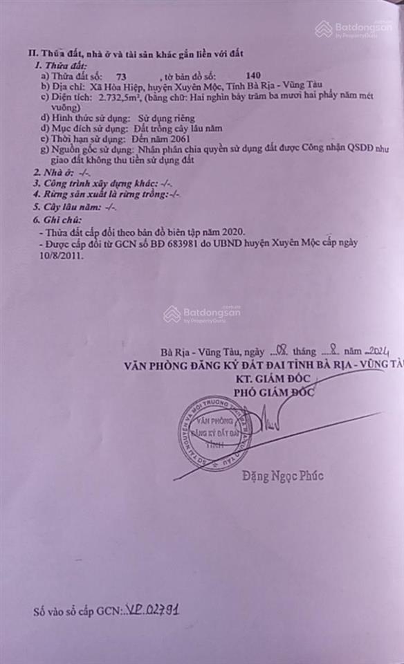 Bán đất tại xã hoà hiệp, huyện xuyên mộc, bà rịa vũng tàu, 6.5 tỷ, 2732 m2, giá cực chất