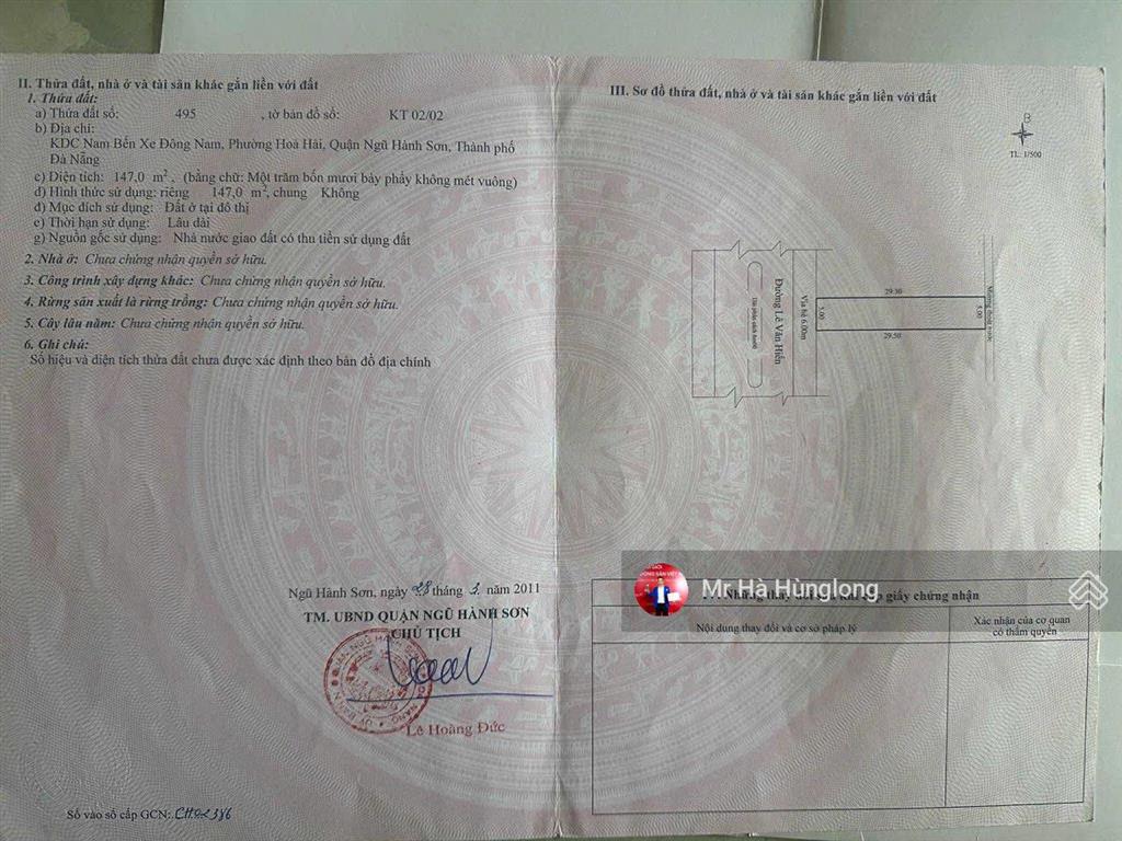 Bán đất mặt tiền lê văn hiến, sát đường trần quốc hoàn, sát bãi tắm sơn thuỷ, dt 147m2