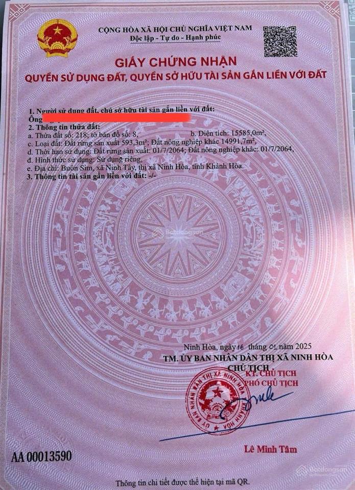 Cần bán nhanh đất diện tích 15.585m2 tại thôn buôn sim, xã tây ninh hòa (ninh tây) khánh hòa