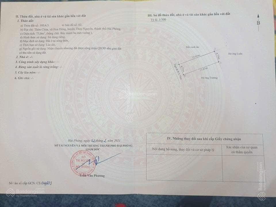 Bán gấp đất đẹp tại thôn chùa, hoa động, thủy nguyên, hải phòng, 73m2. gần hoàng huy và doji