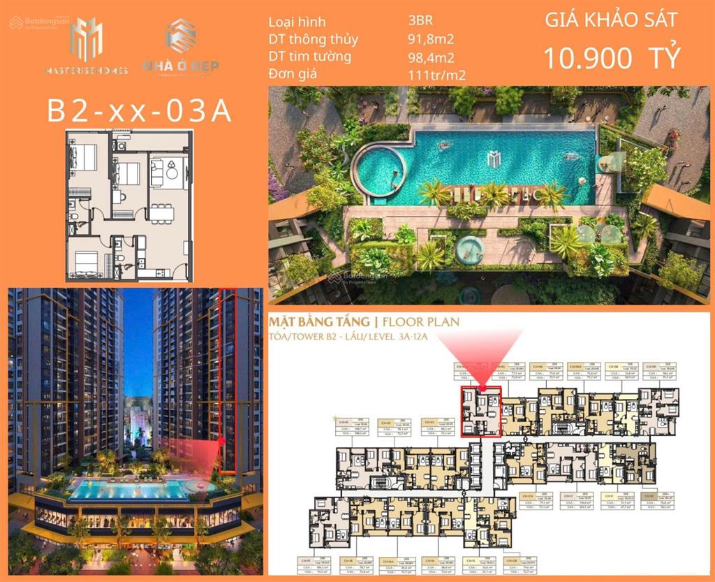 Bán căn 3pn masteri park place suất nội bộ hiếm view hồ bơi tràn viền, vị trí kim cương giữa tgc