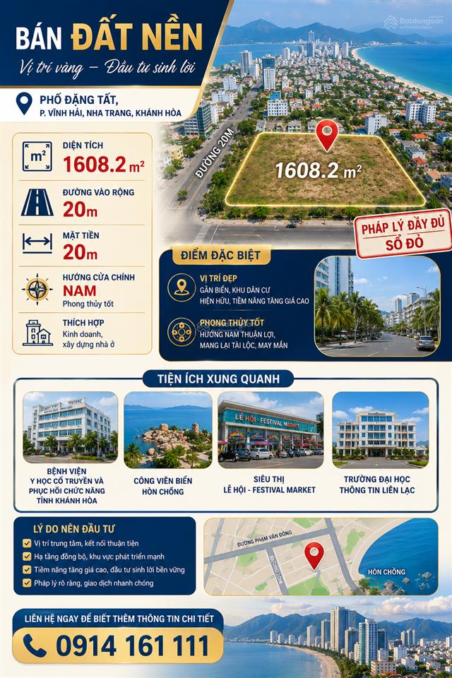 Bán đất tại phố đặng tất, 120 triệu / m2, 1608,2 m², thành phố nha trang, khánh hòa, hot!