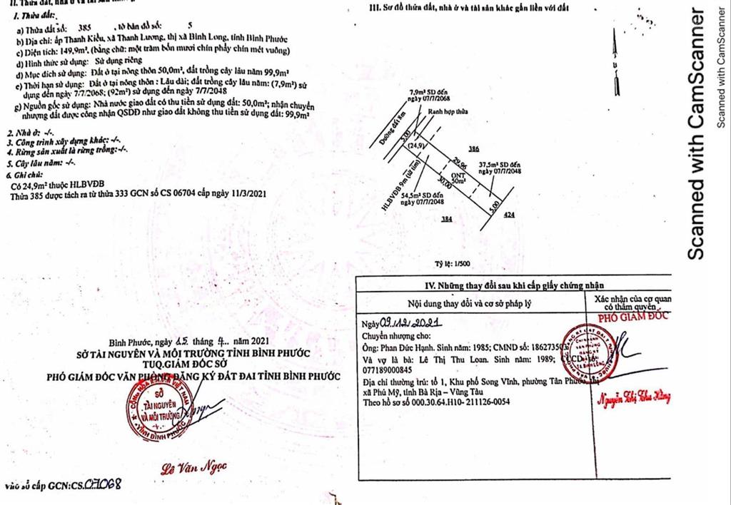 Qsdđ thửa đất số 385, tbđ 5, ấp thanh kiều, xã thanh lương, thị xã bình long, tỉnh bình phước