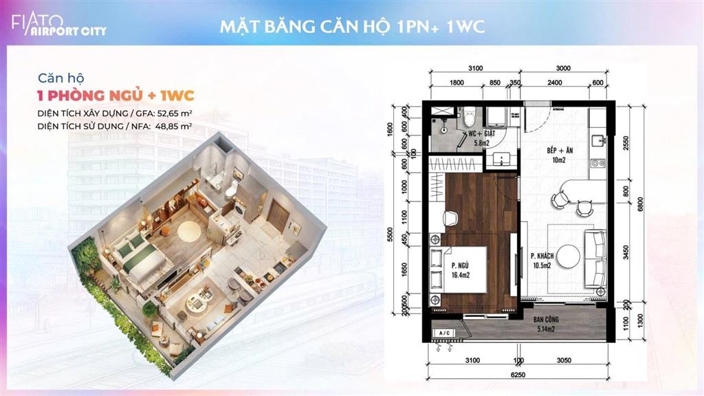 Dự án fiato airport city, sang nhượng căn 1 phòng ngủ, tầng 6, 53m2, giá 2 tỷ 050