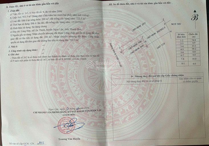 Chính chủ bán đất mặt đường tỉnh lộ đt 518d tại xã lộc thịnh, ngọc lặc, thanh hóa, 450 tr, 922.5m2