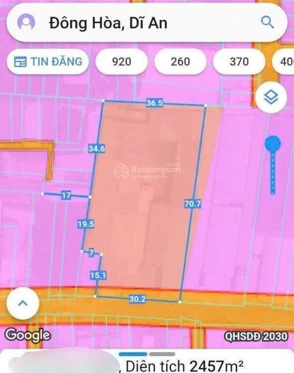 Bán lô đất mặt tiền đường phường đông hòa, dĩ an diện tích 2450m2 ngang 32m nở hậu
