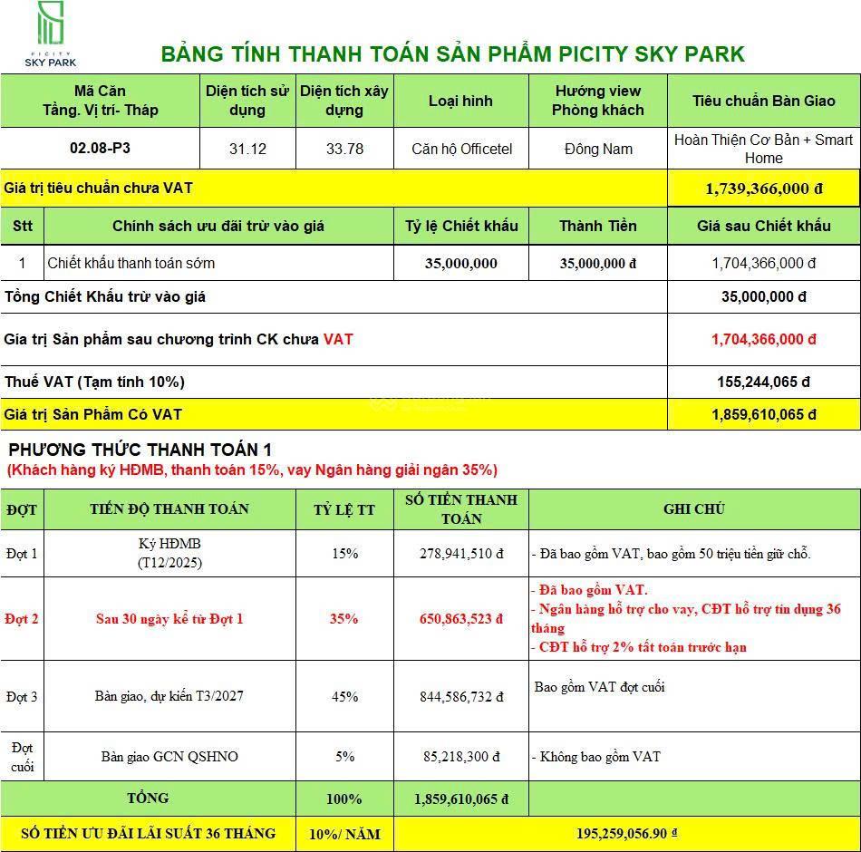 Bán căn officetel dự án picity sky park dt 33m2 giá 1,3 tỷ, căn kế góc hướng cửa đông nam tháp p3