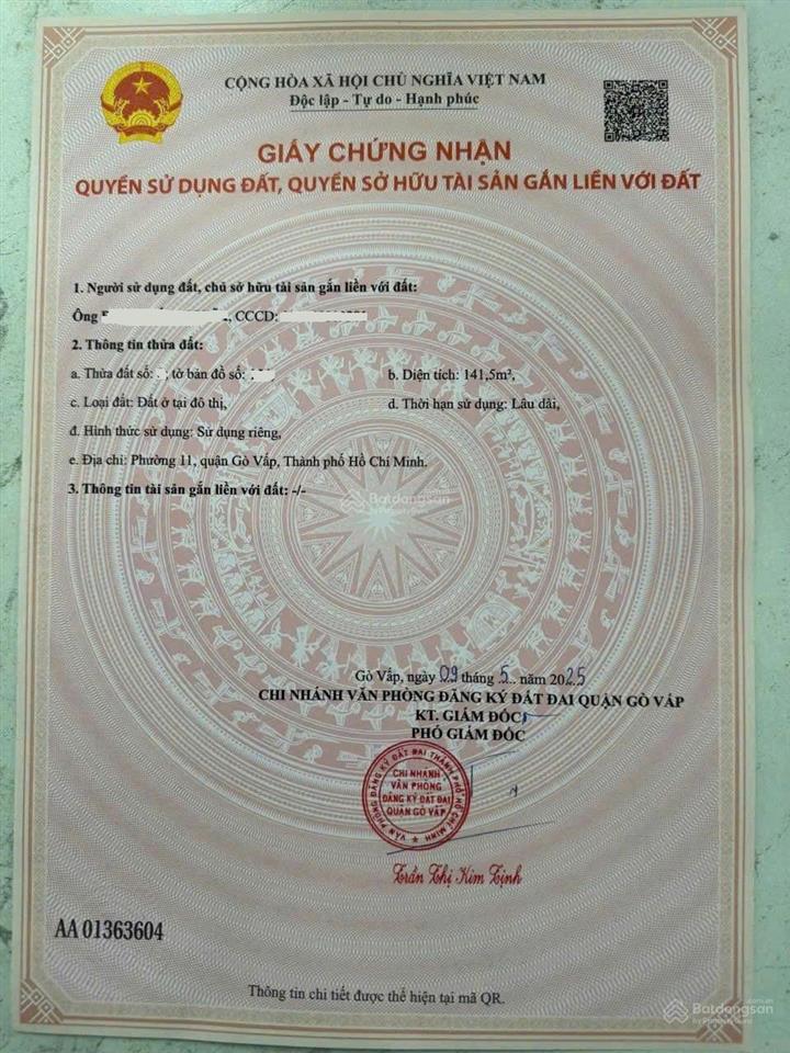 Bán khuôn đất xây chdv hẻm 1 sẹc quang trung, p11, dt 142m2 giá chỉ 9tỷ5 còn bớt. 0902 958 ***