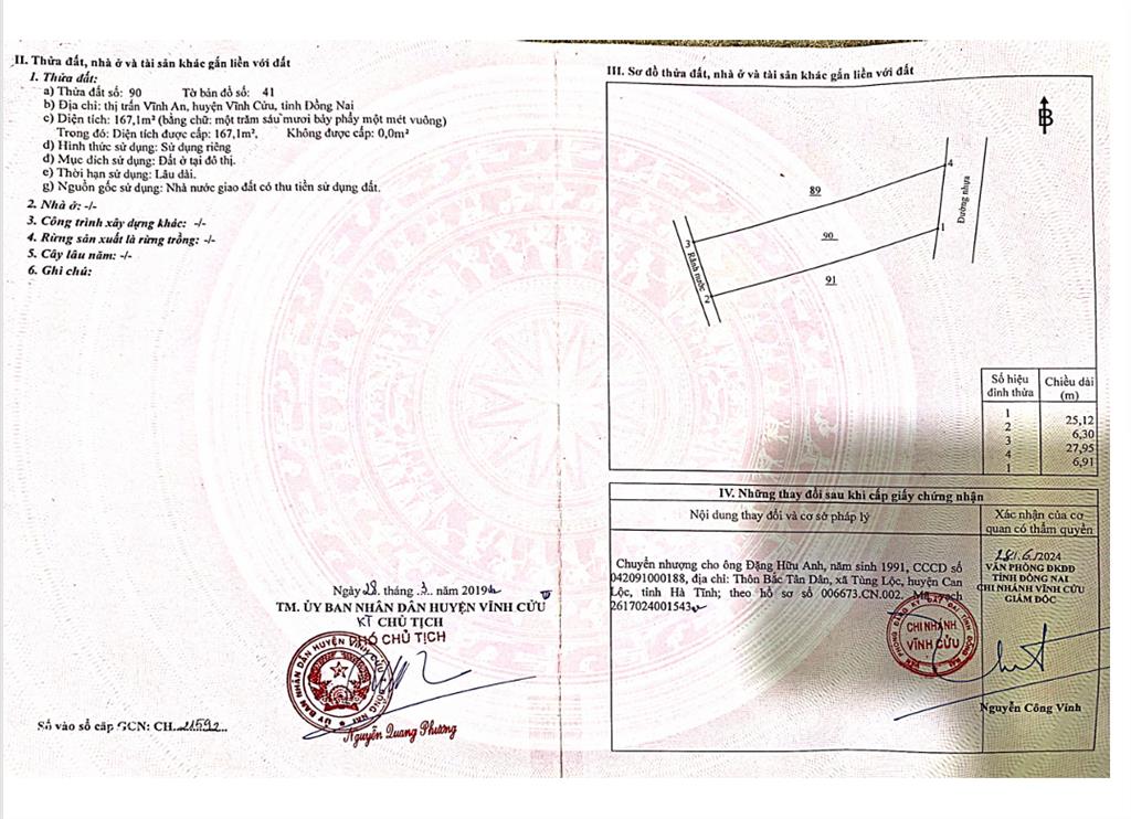 Qsdđ thửa đất số 90, tờ bản đồ số 41, địa chỉ thị trấn vĩnh an, huyện vĩnh cửu, tỉnh đồng nai