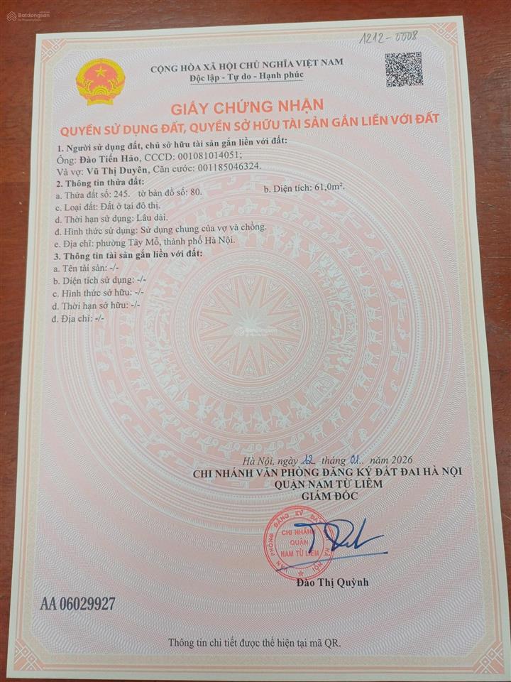 Chính chủ bán đất tây mỗ, 61m2, mt 4,2m, 15m ra sân nhà văn hóa, 30m ra vườn nhật giá tốt chỉ 9,5tỷ