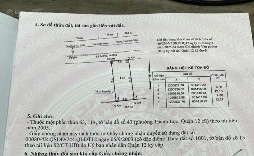 Bán đất 1 sẹc đường hà huy giáp, gần cầu an lộc về gò vấp 4.8mx12m