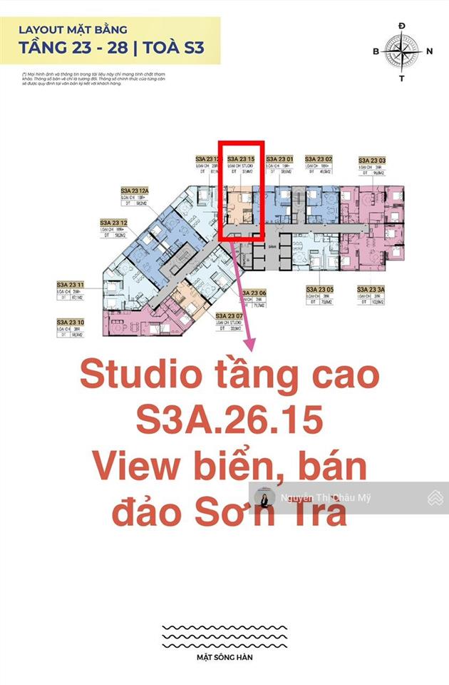 Châu mỹ srt căn hộ studio tòa s3a.26.15 view hướng đông mát, view biển, bán đảo the symphony