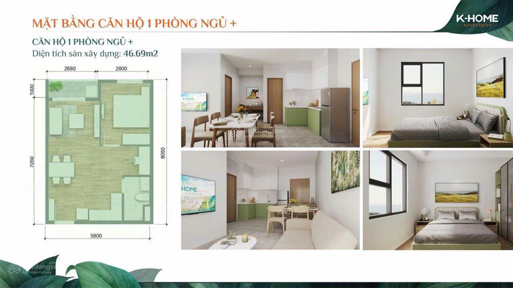 Căn hộ chung cư 1 phòng ngủ diện tích 46m2 thanh toán trước 200tr. nhận nhà full nội thất