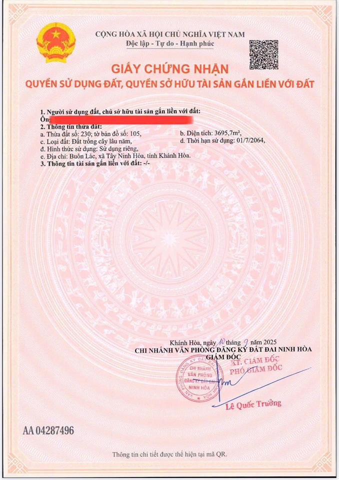 Bán đất xã tây ninh hòa (ninh tây) gần hồ suối sim dt 3.695m2. giá 4.4 tỷ