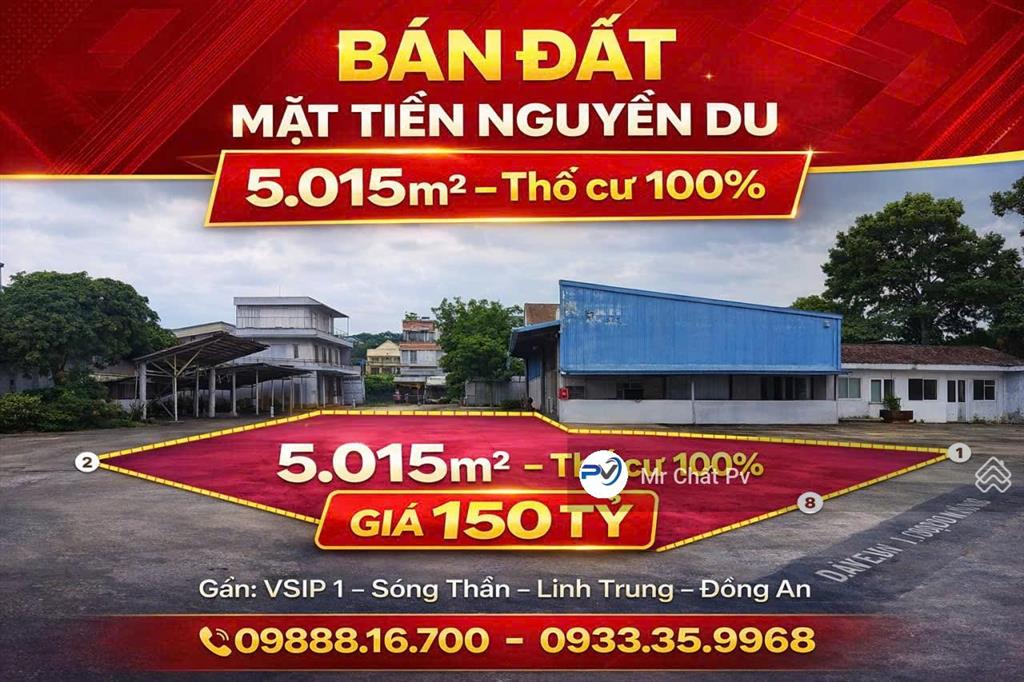 Bán đất mặt tiền nguyễn du, phường bình hòa, thành phố thuận an 5015m2 (thổ cư 100%) = 150 tỷ