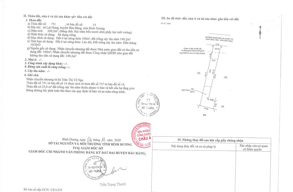 Qsdđ thửa đất số 751, tờ bản đồ số 14, địa chỉ xã lai hưng, huyện bàu bàng, tỉnh bình dương