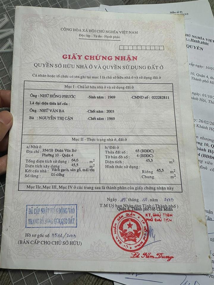 Bán đất tặng nhà nát 354/18 đường đoàn văn bơ, phường 10, quận 4, giá ưu đãi 6,05 tỷ, 45,5m2